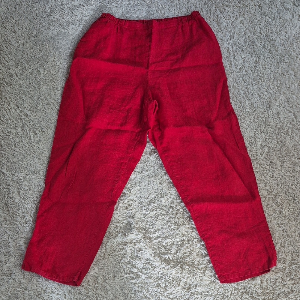 FLAX Pull On Elastic Waist Relaxed Pants S lipstick Red Lagenlook Linen Capris